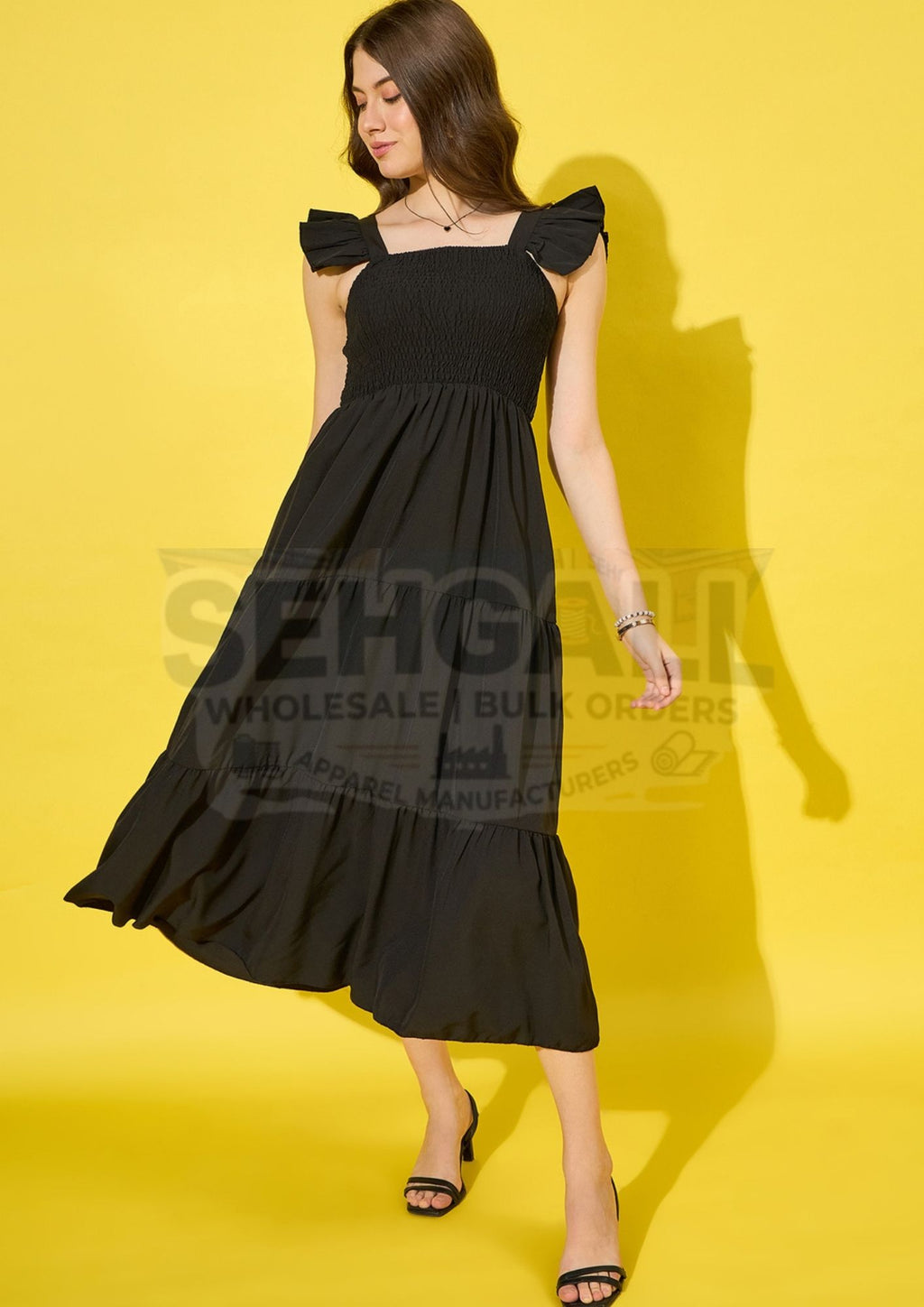 Ruffled Strap Dress Square Neck Smocked Women Maxi Dresses-3469