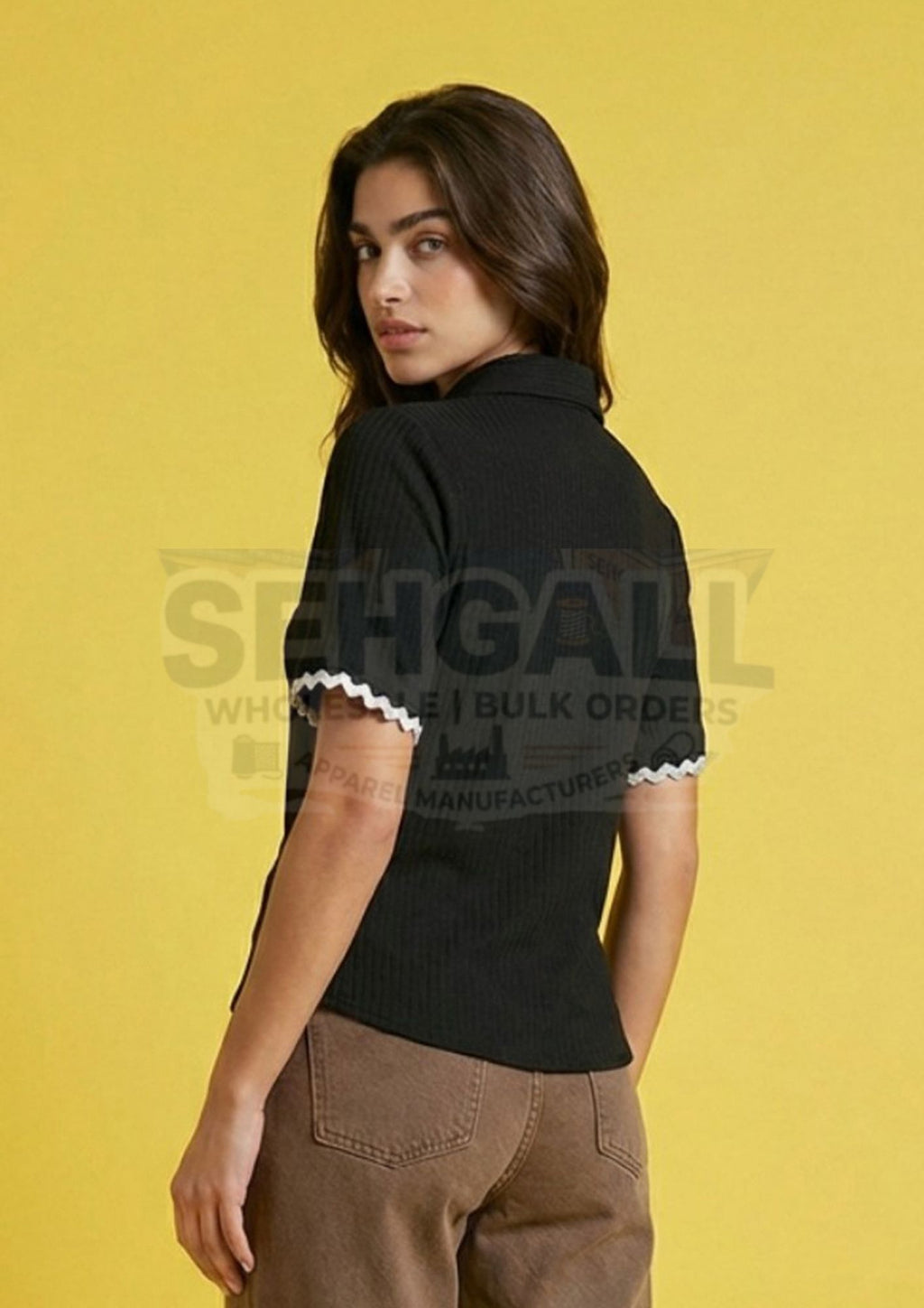 Women Cotton Blend Contrast Trim Short Sleeve Shirt-3647