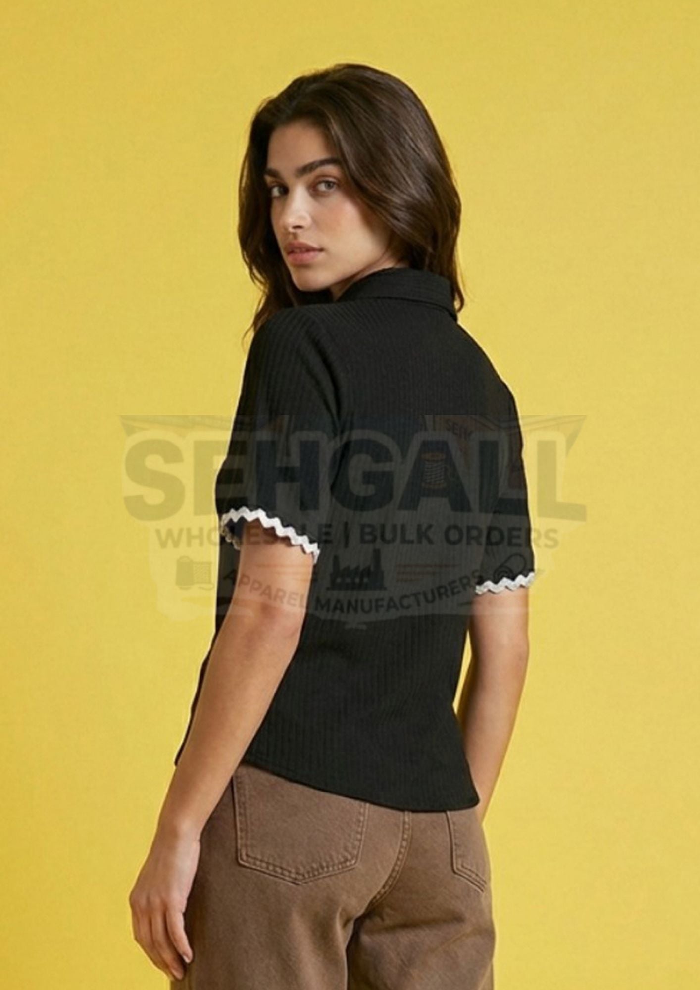 Women Cotton Blend Contrast Trim Short Sleeve Shirt-3667