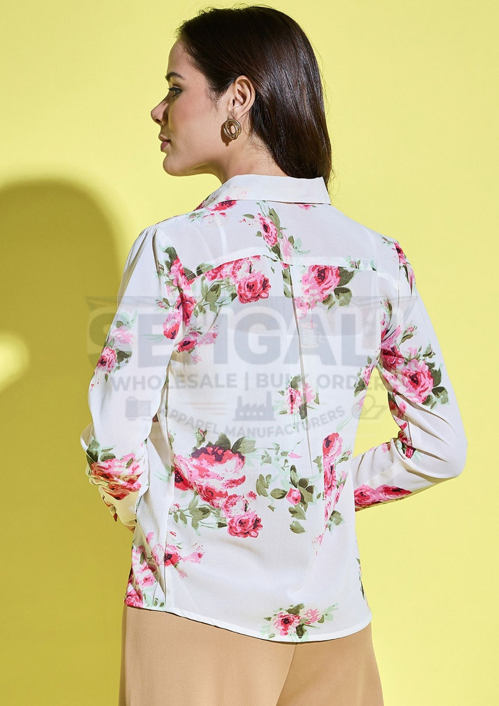 Off White Georgette Floral Print Women Shirt-3444