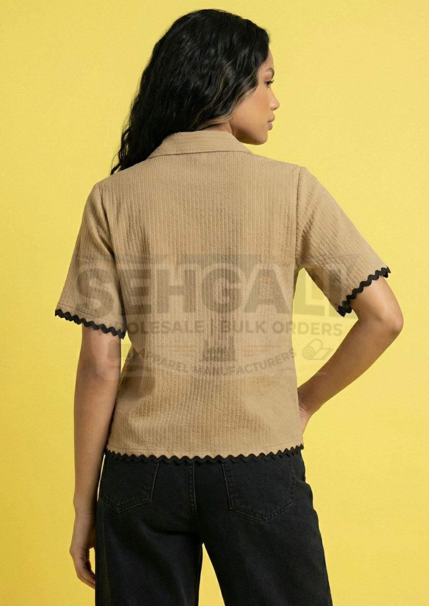 Women Cotton Blend Contrast Trim Short Sleeve Shirt-3647
