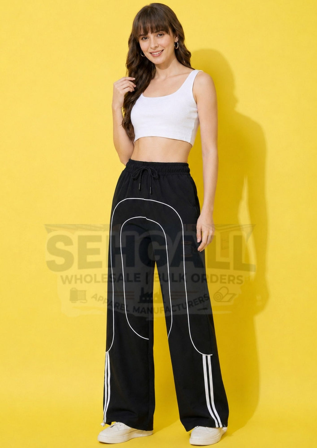 Women's Wide Leg Track Pants with Contrast Piping-3700