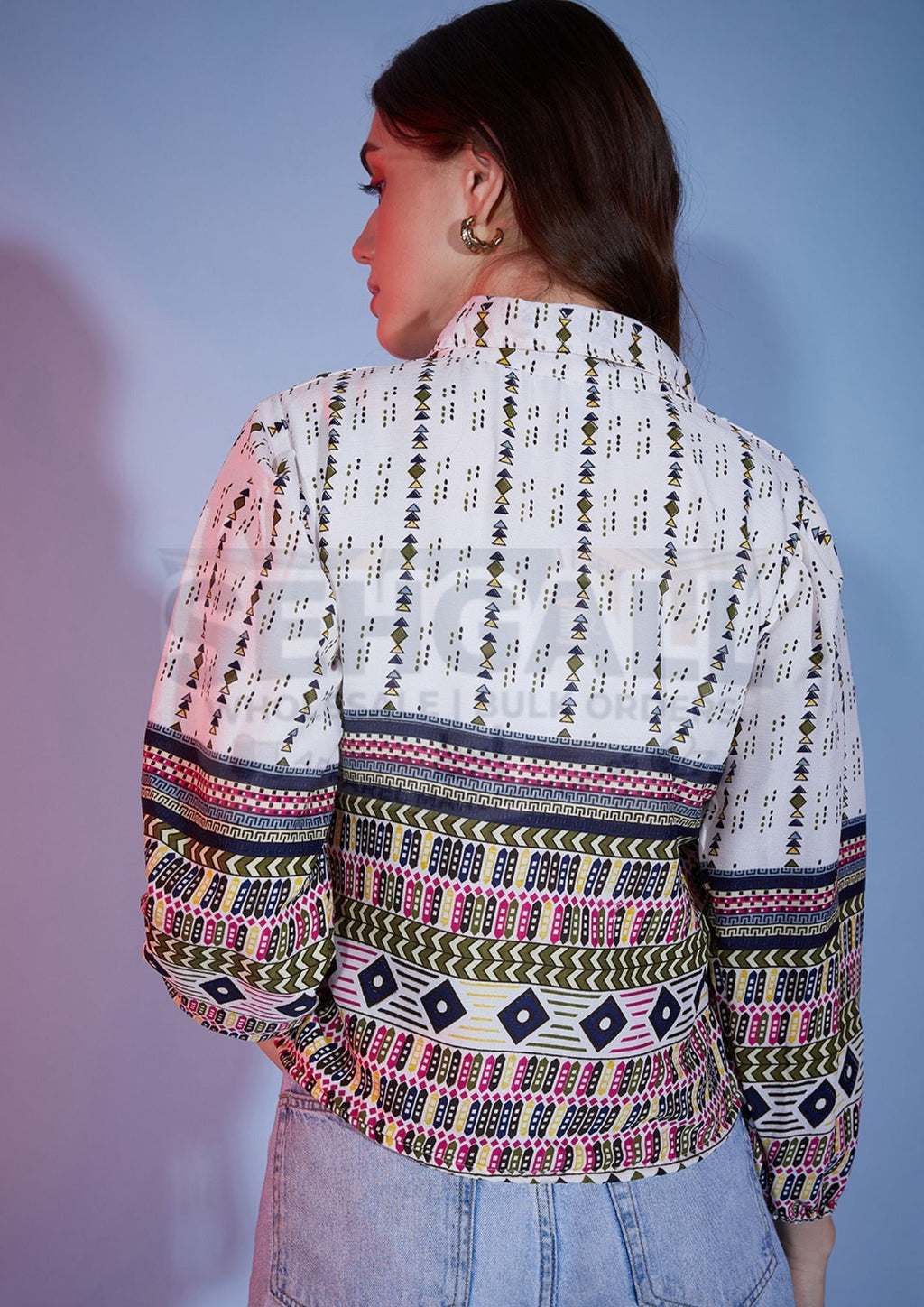 Bubble Sleeve Tribal Printed Women Shirt-3326
