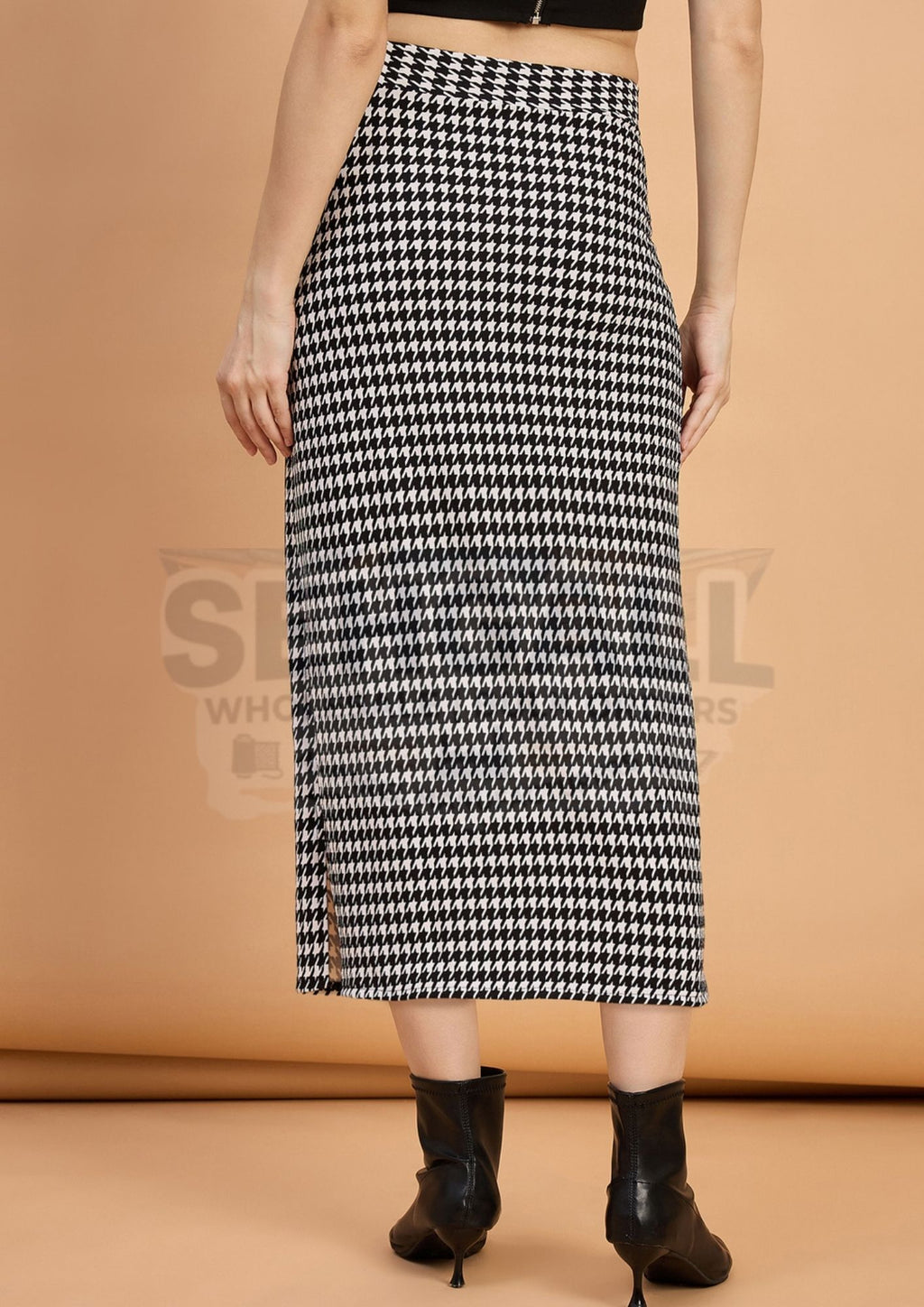 Women Houndstooth Midi Pencil Skirt with Side Slit-3588