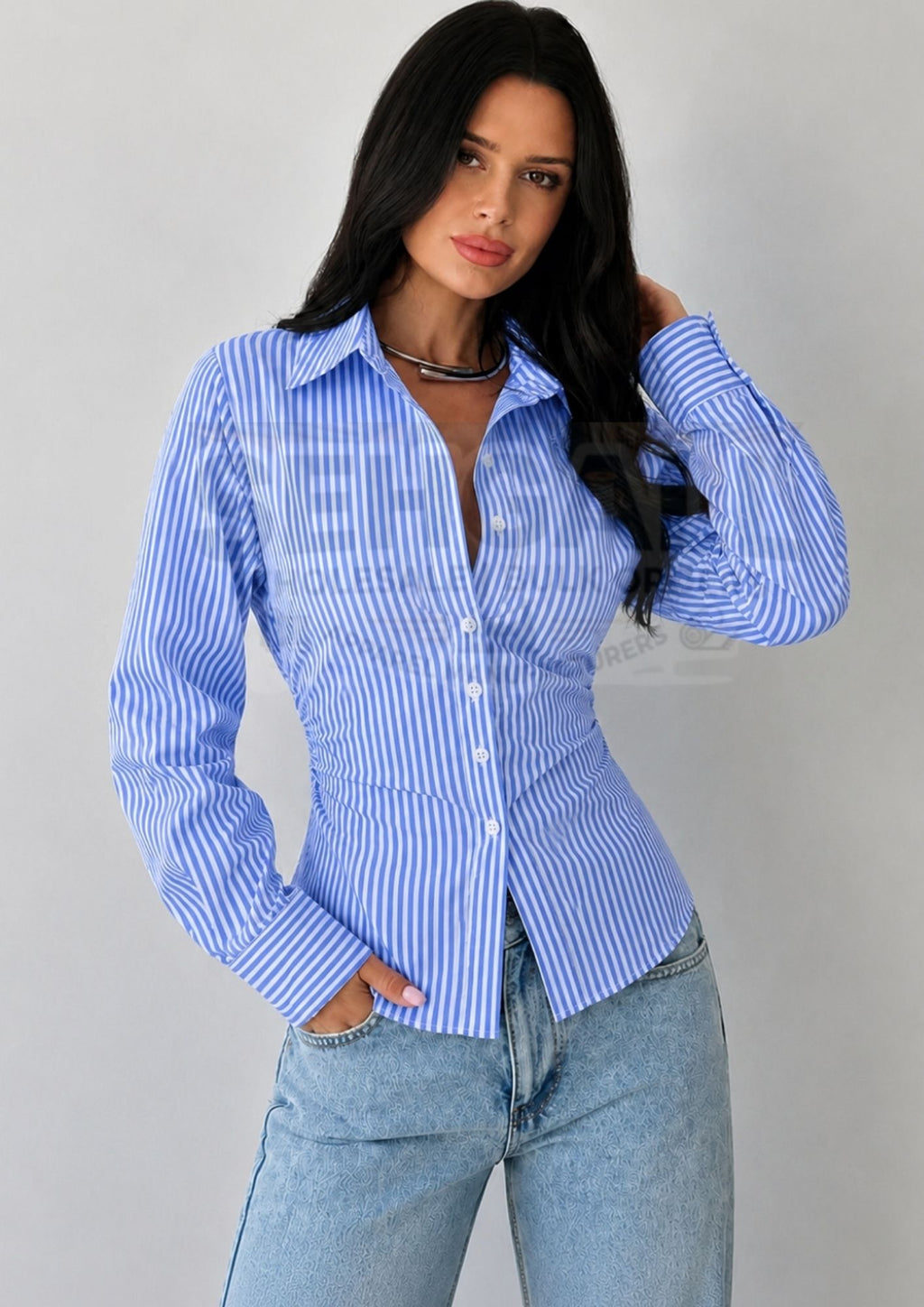 Striped Cotton Corset Back Waist-Tie Long Sleeve Shirt-3688