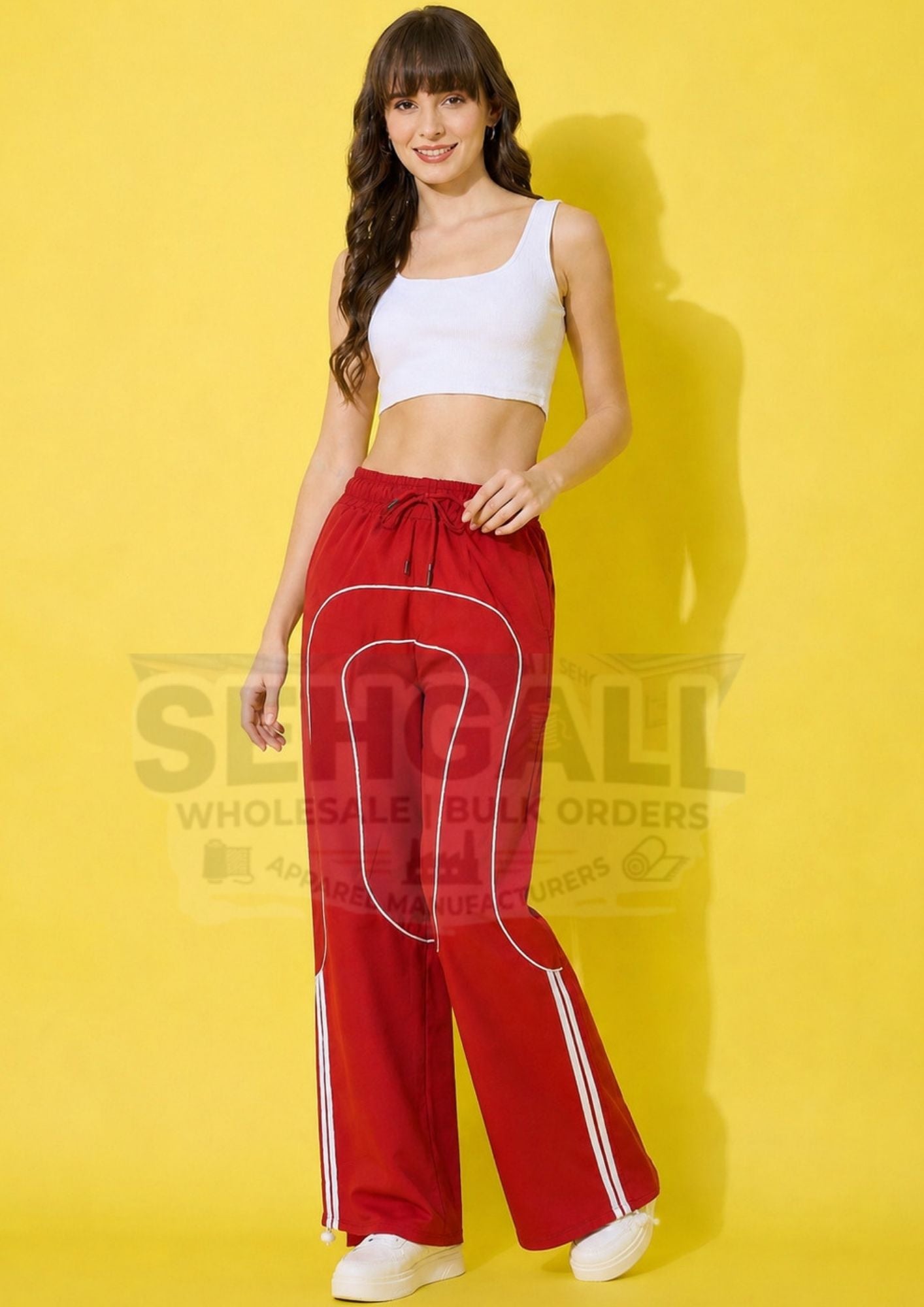 Women's Wide Leg Track Pants with Contrast Piping-3700
