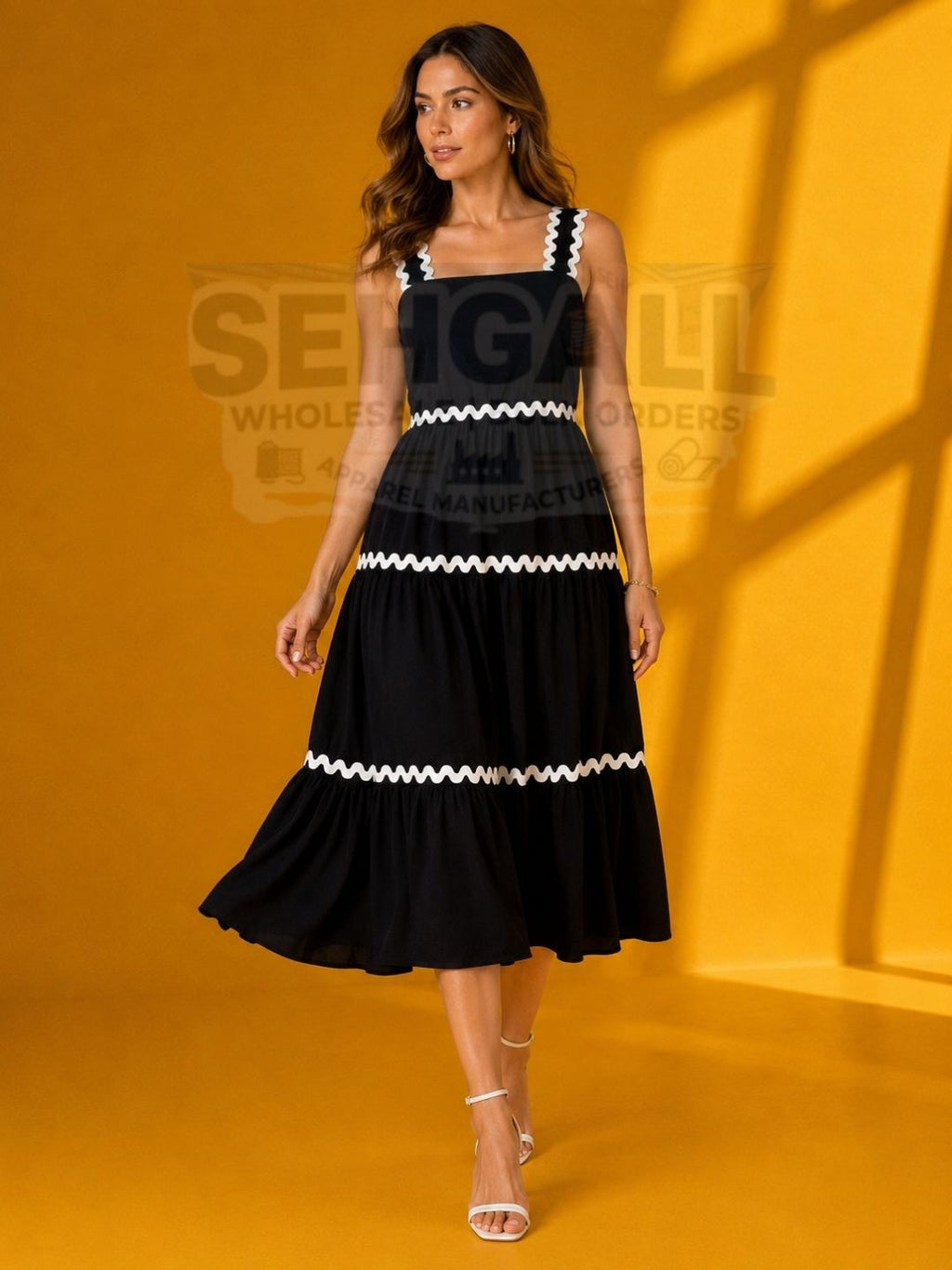 Maxi Tiered Sleeveless Dress with White Ricrac Trim Square Neckline-3694
