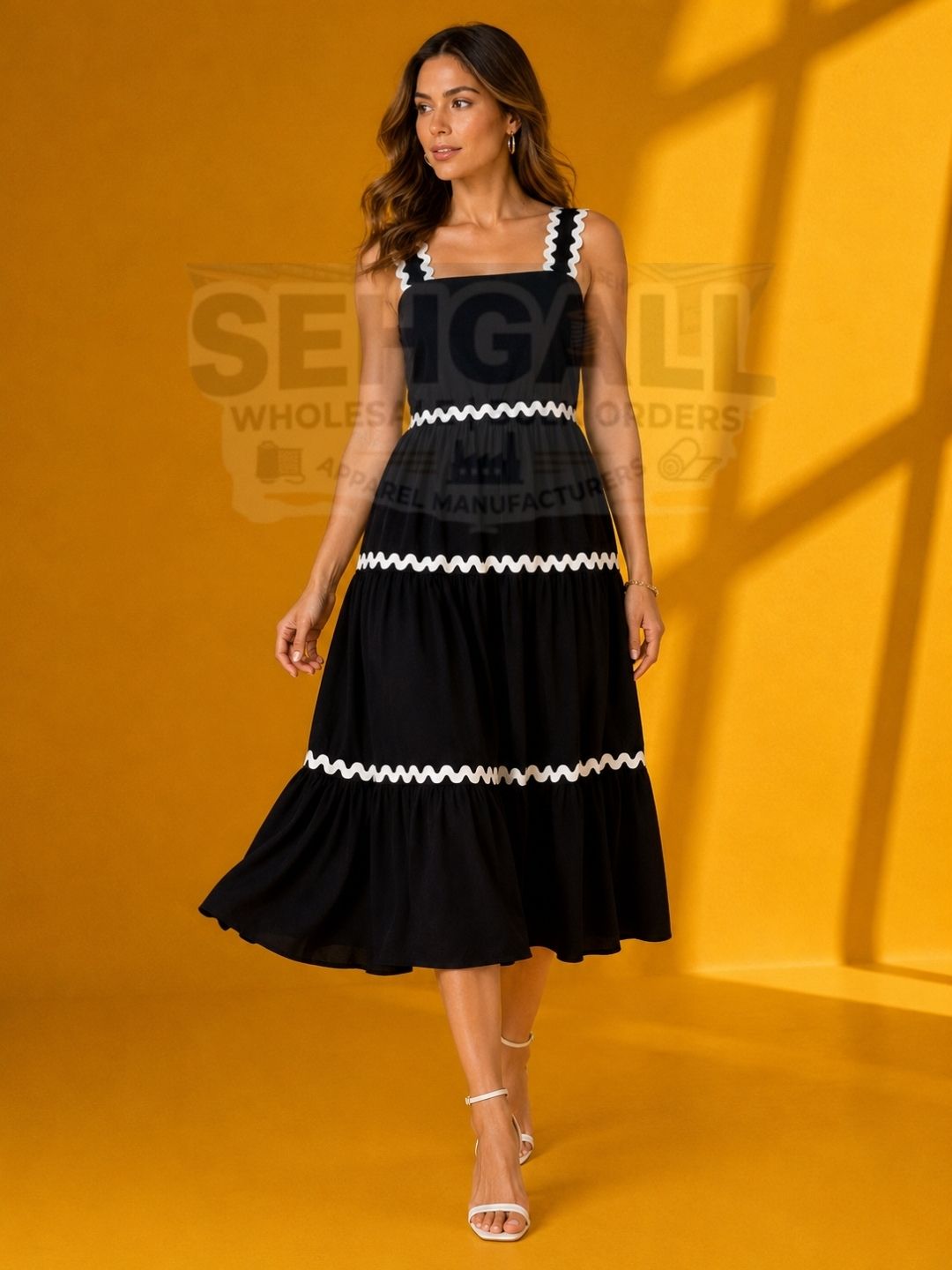 Maxi Tiered Sleeveless Dress with White Ricrac Trim Square Neckline-3694