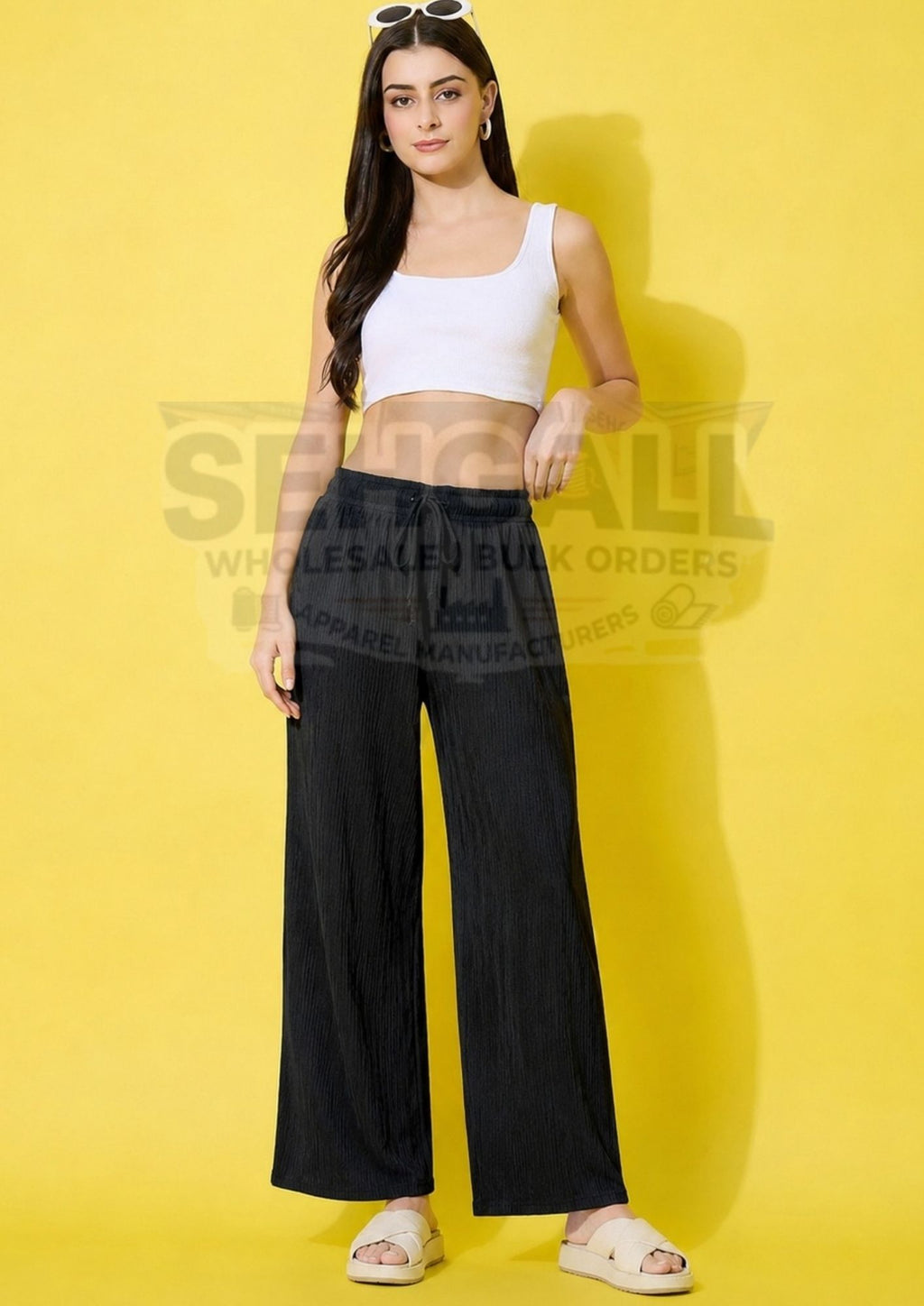 Women's Textured Wide Leg Drawstring Palazzo Pants-3695