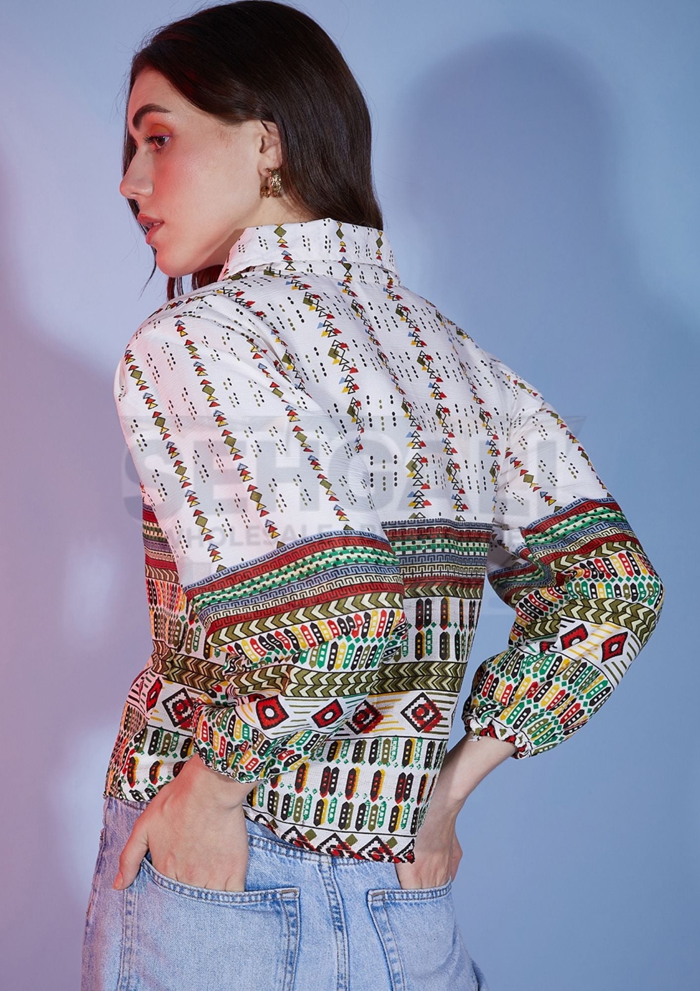 Bubble Sleeve Tribal Printed Women Shirt-3326