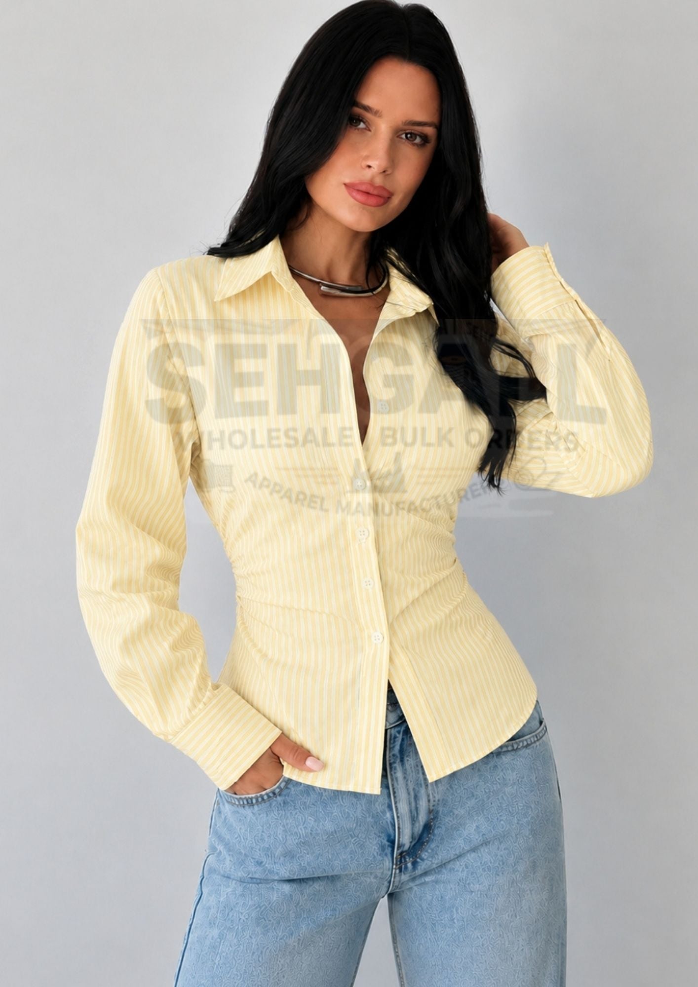 Striped Cotton Corset Back Waist-Tie Long Sleeve Shirt-3688