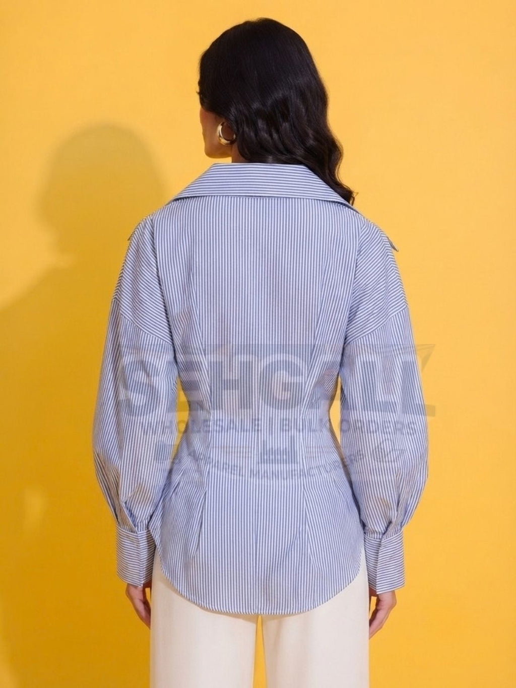 Pinstripe Button-Front Cinched Waist Shirt - 3702