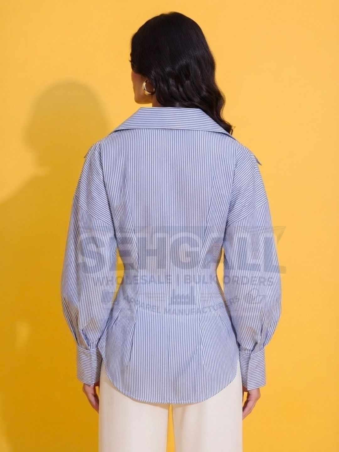 Pinstripe Button-Front Cinched Waist Shirt - 3702