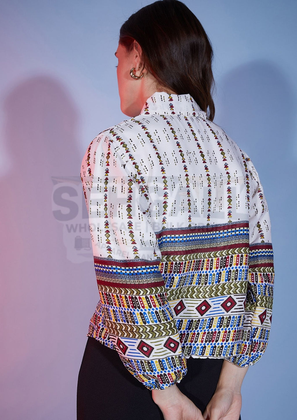 Bubble Sleeve Tribal Printed Women Shirt-3326