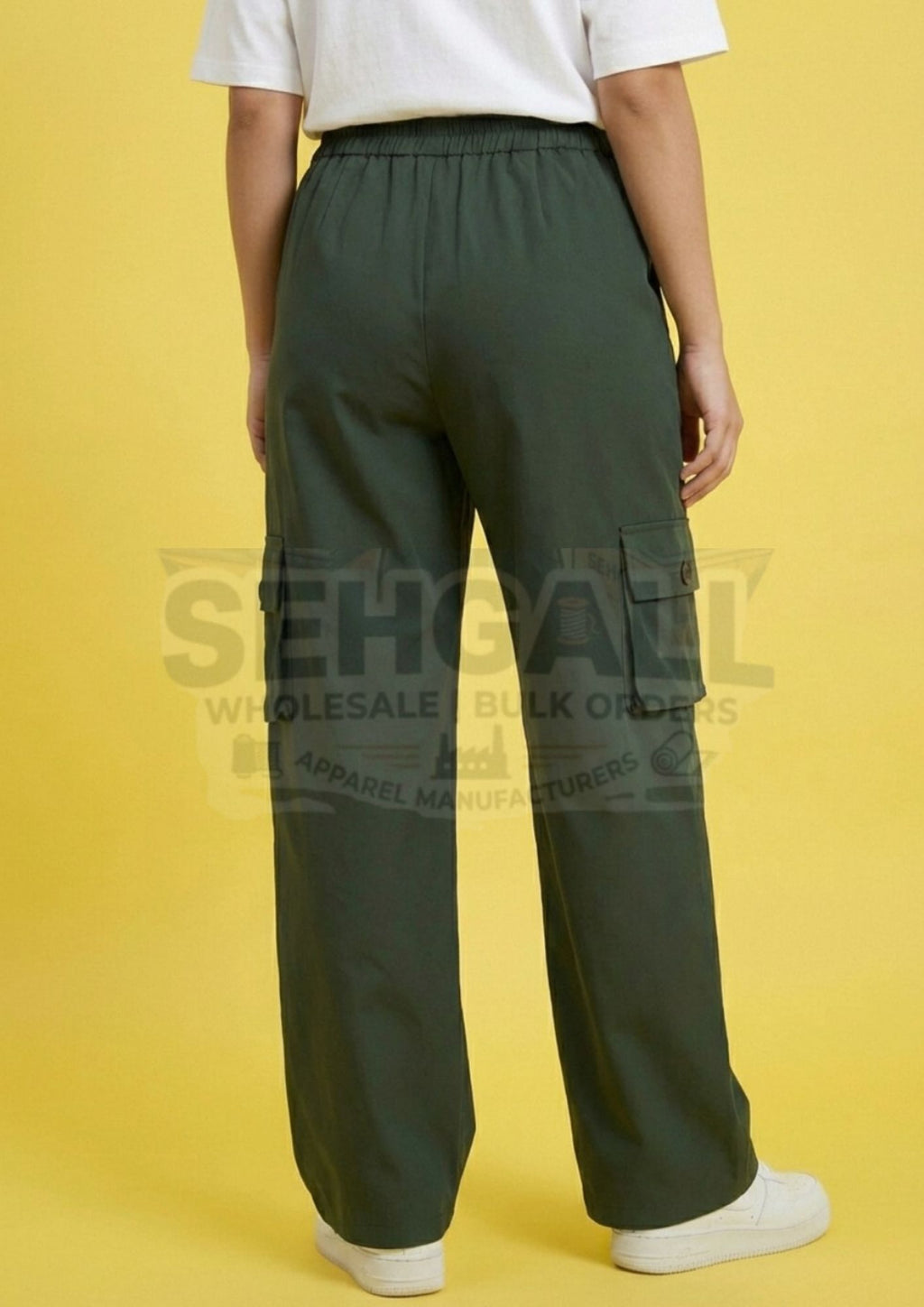 Women High Waist Cargo Pants with Collared Waistband-3630