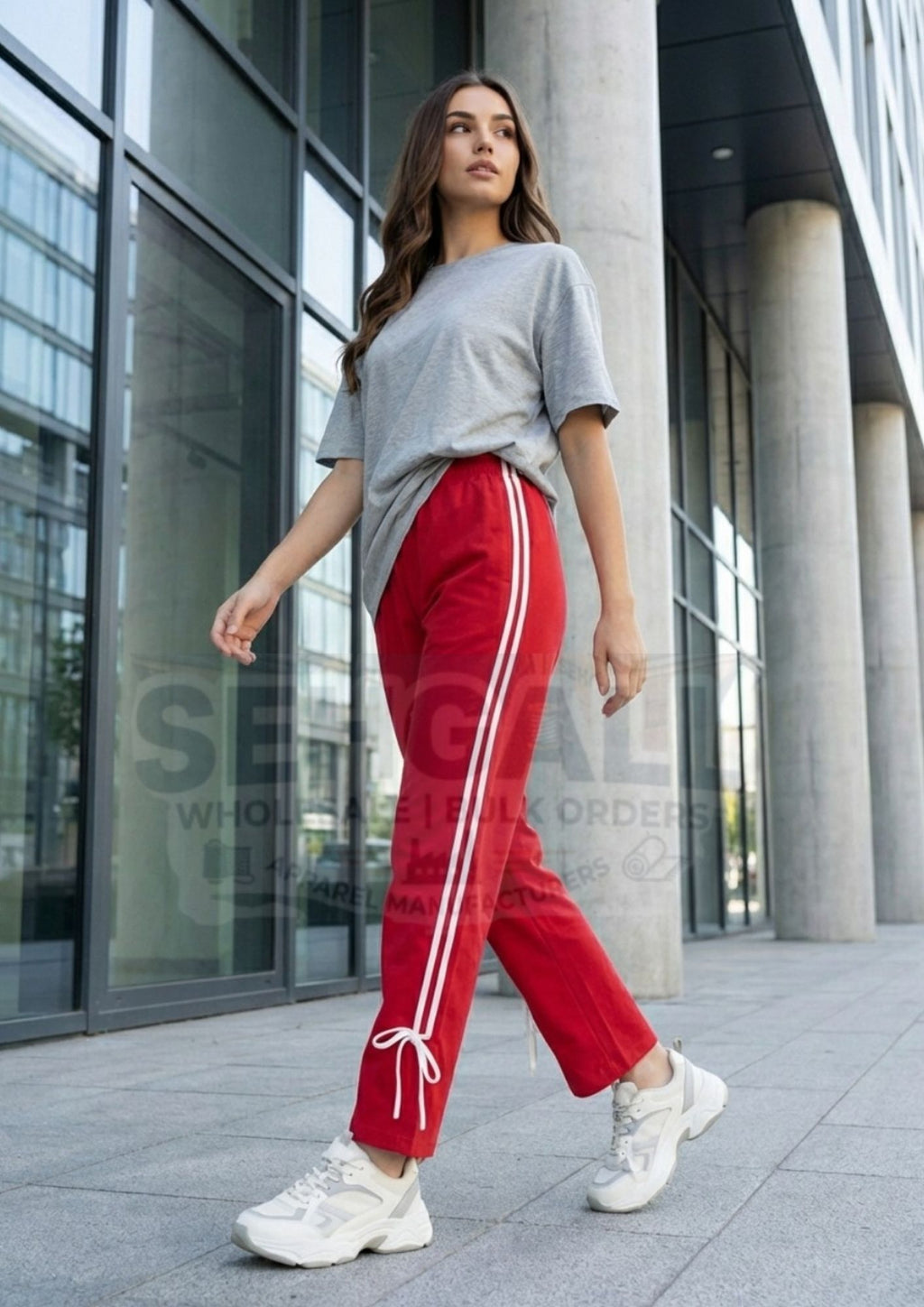 Women's Track Pants with Elastic Waist Side Stripes-3656