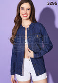 Button Front Women Long Denim Jacket-3295