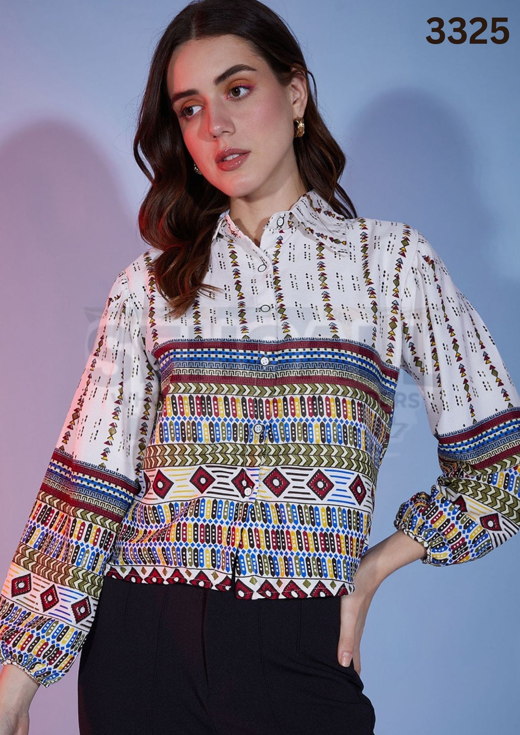 Bubble Sleeve Tribal Printed Women Shirt-3325