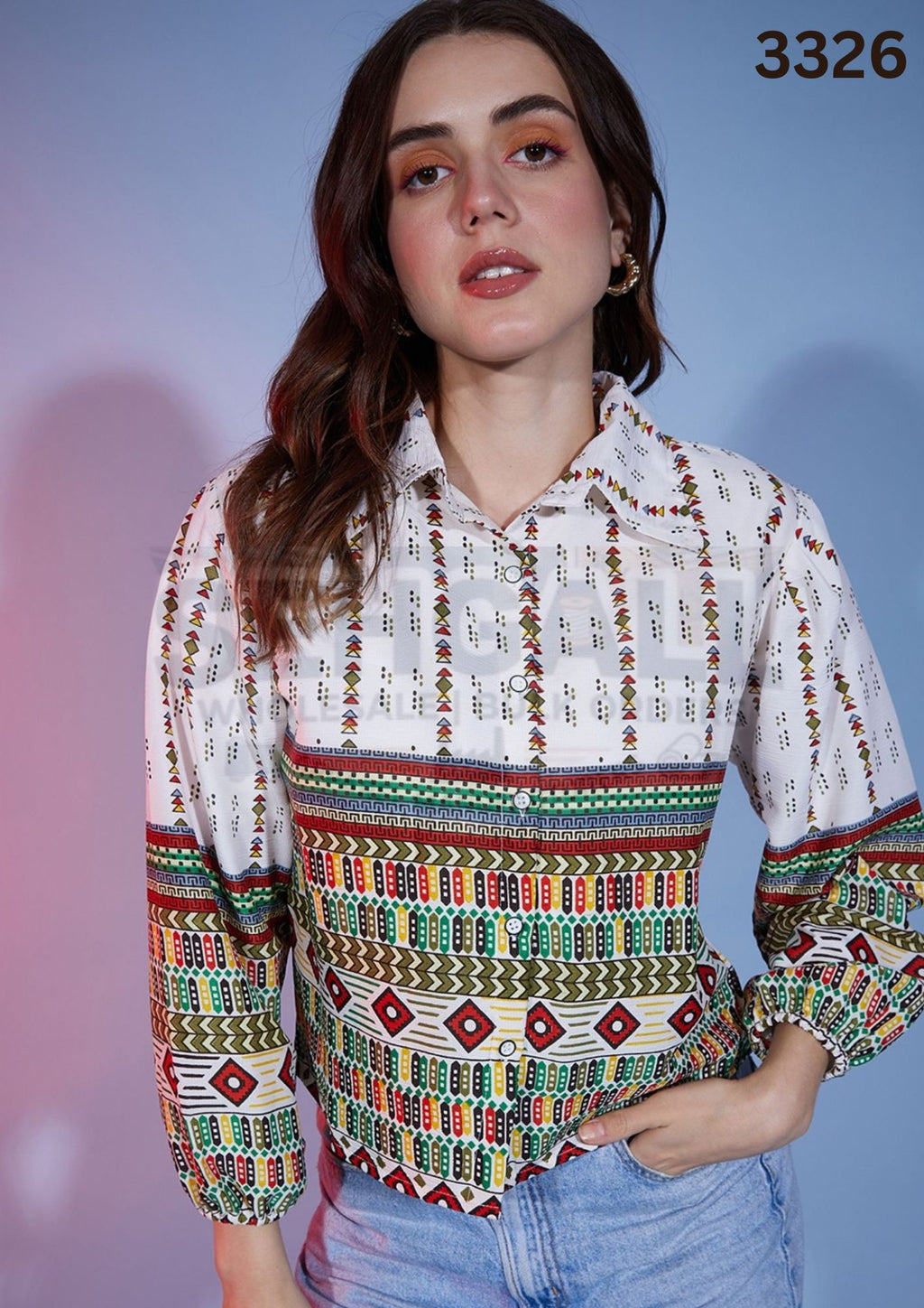 Bubble Sleeve Tribal Printed Women Shirt-3326