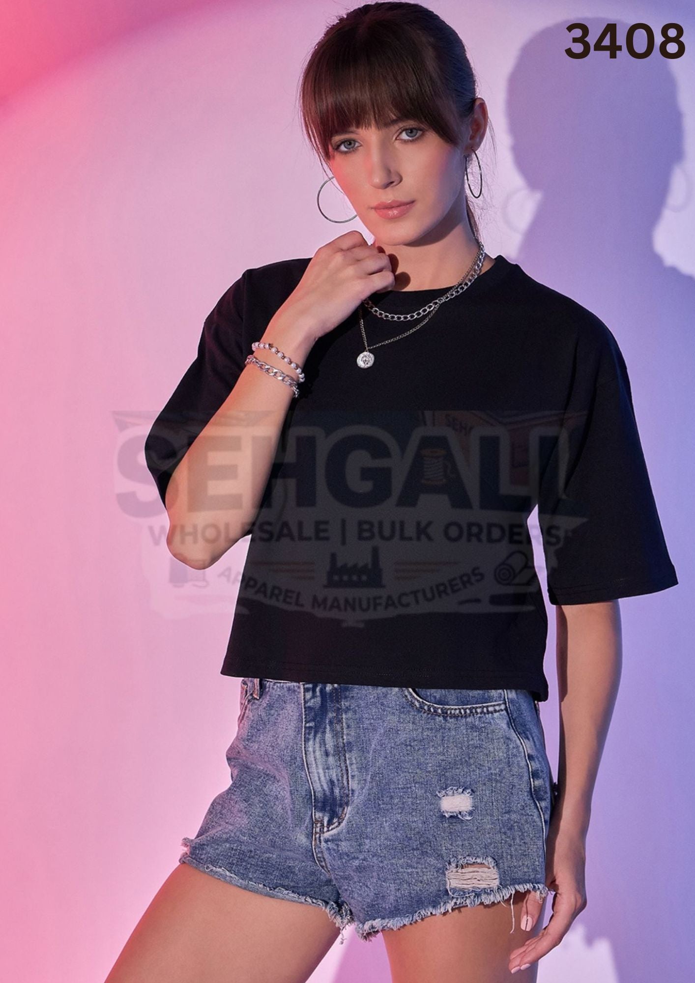 Cotton Solid Loose Fit Round Neck Women Short T-Shirt-3409