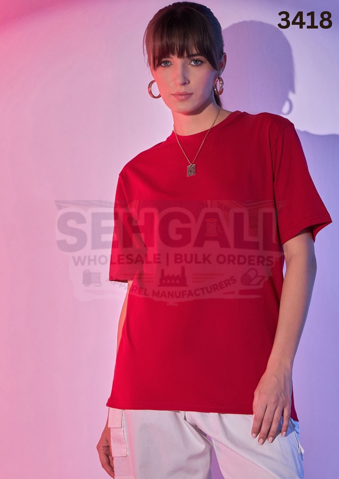 Solid Oversized Round Neck Women Long T-Shirt-3418