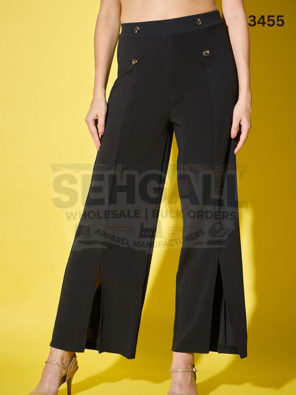 Black Solid Women’s Palazzo Pants with Front Slit-3455