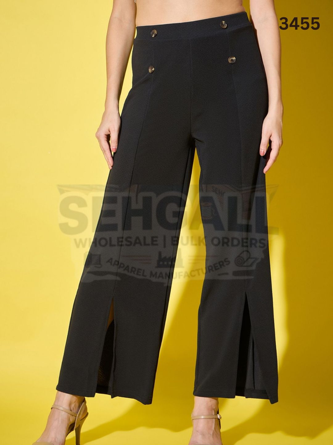 Black Solid Women’s Palazzo Pants with Front Slit-3455