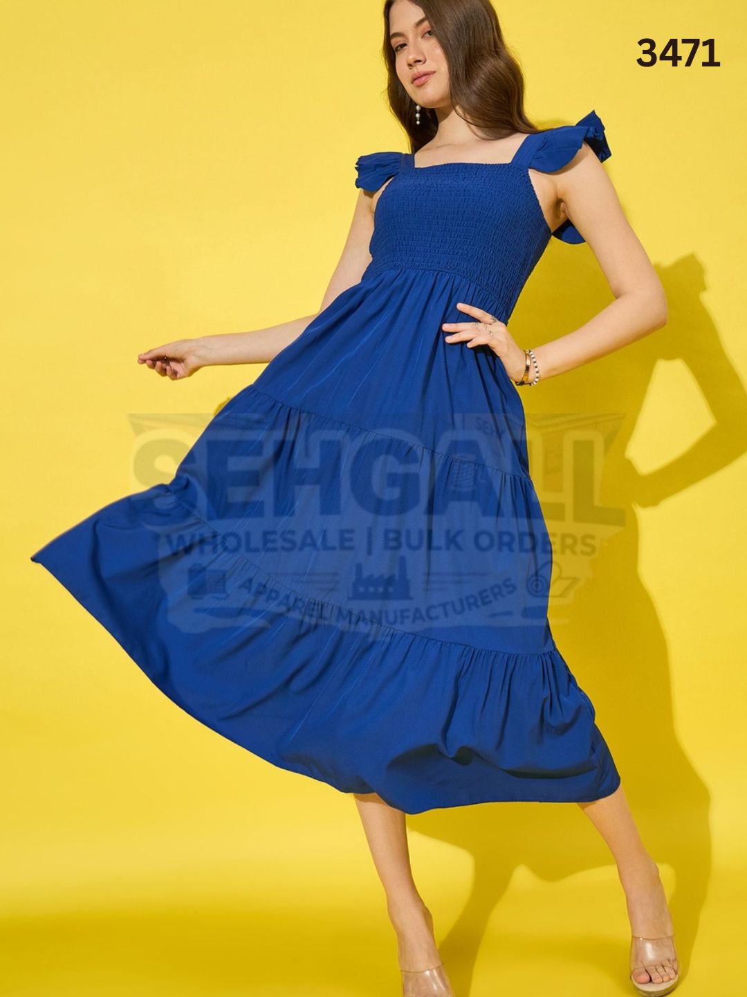 Ruffled Strap Dress Square Neck Smocked Women Maxi Dresses-3471