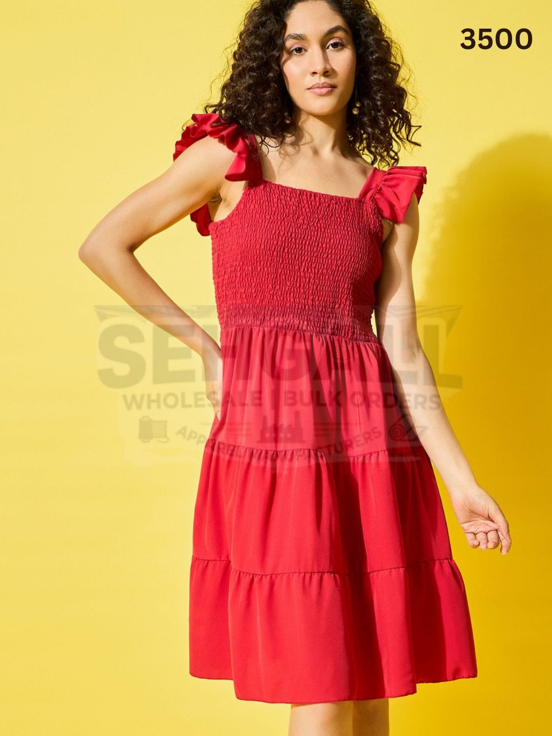 Ruffled Strap Dress Square Neck Smocked Women Dresses-3500
