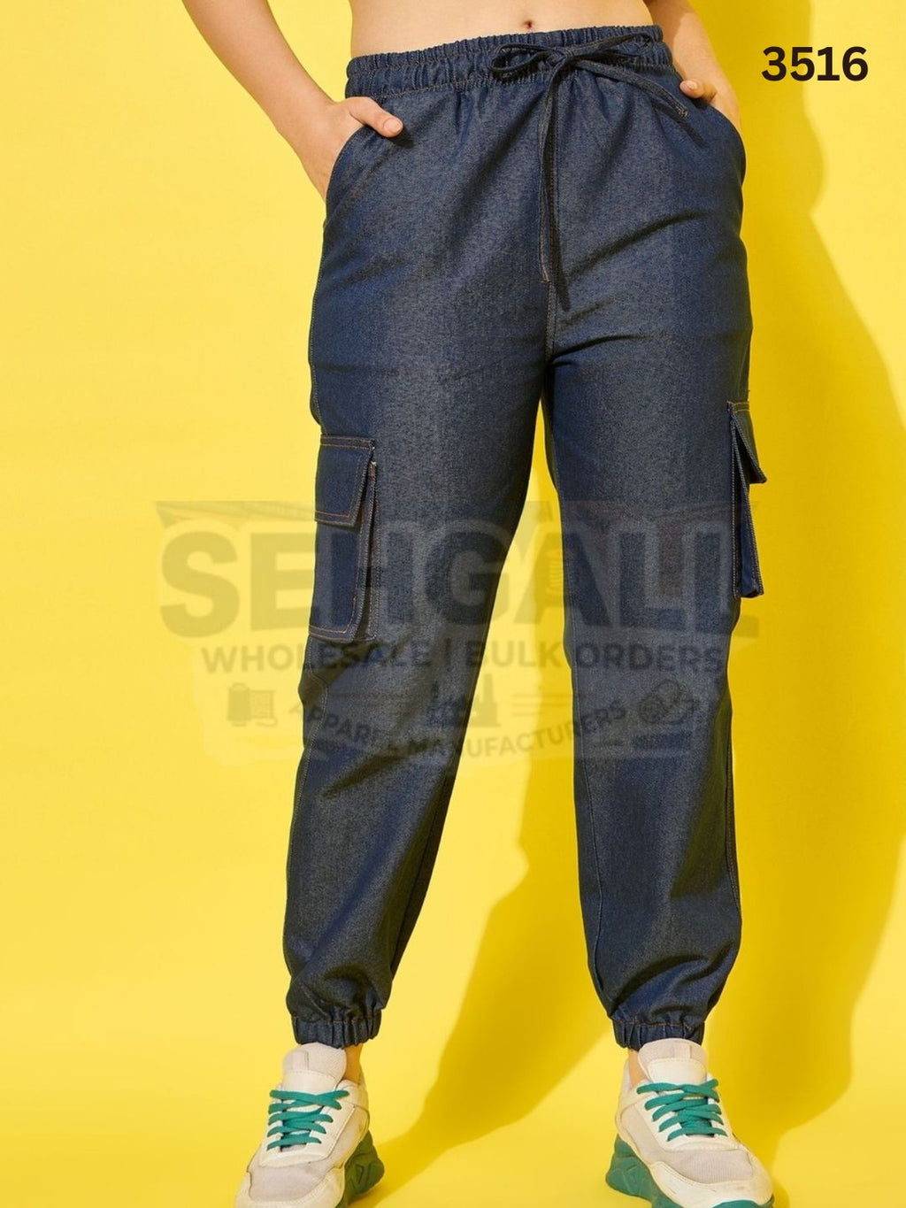 Relaxed Fit Elasticated Denim Cargo Joggers for Women-3516