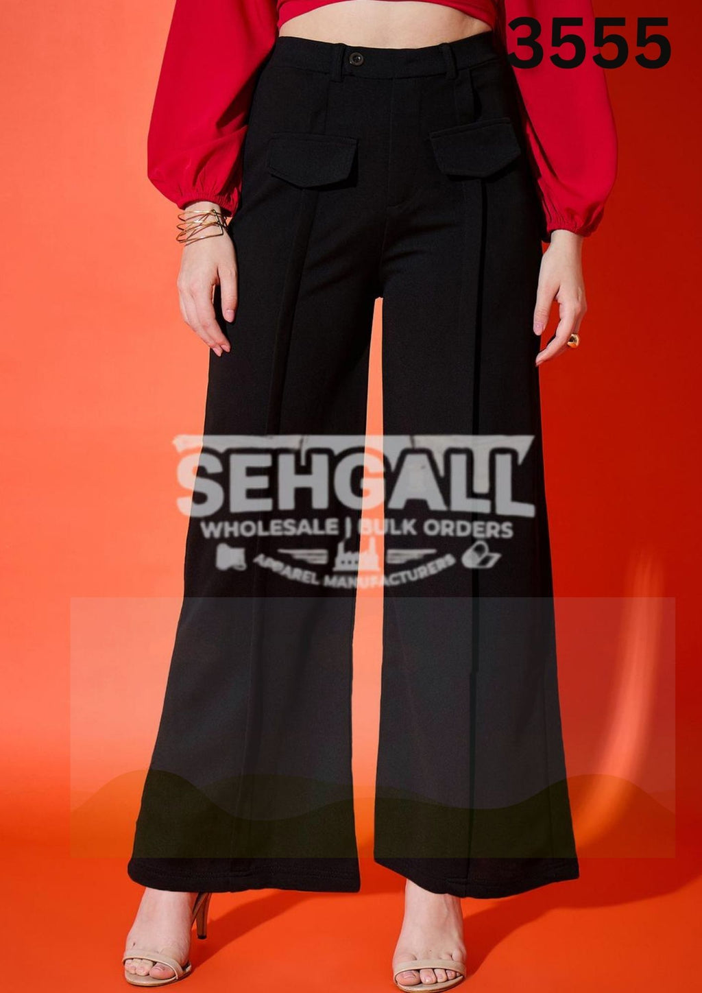 Women Trouser Pants with Flap Pockets-3555