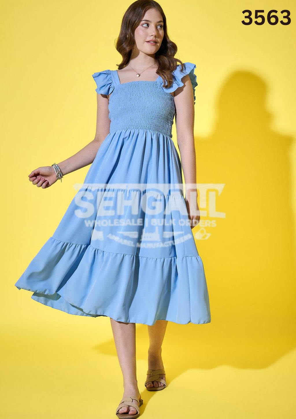 Ruffled Strap Dress Square Neck Smocked Women Maxi Dresses-3563