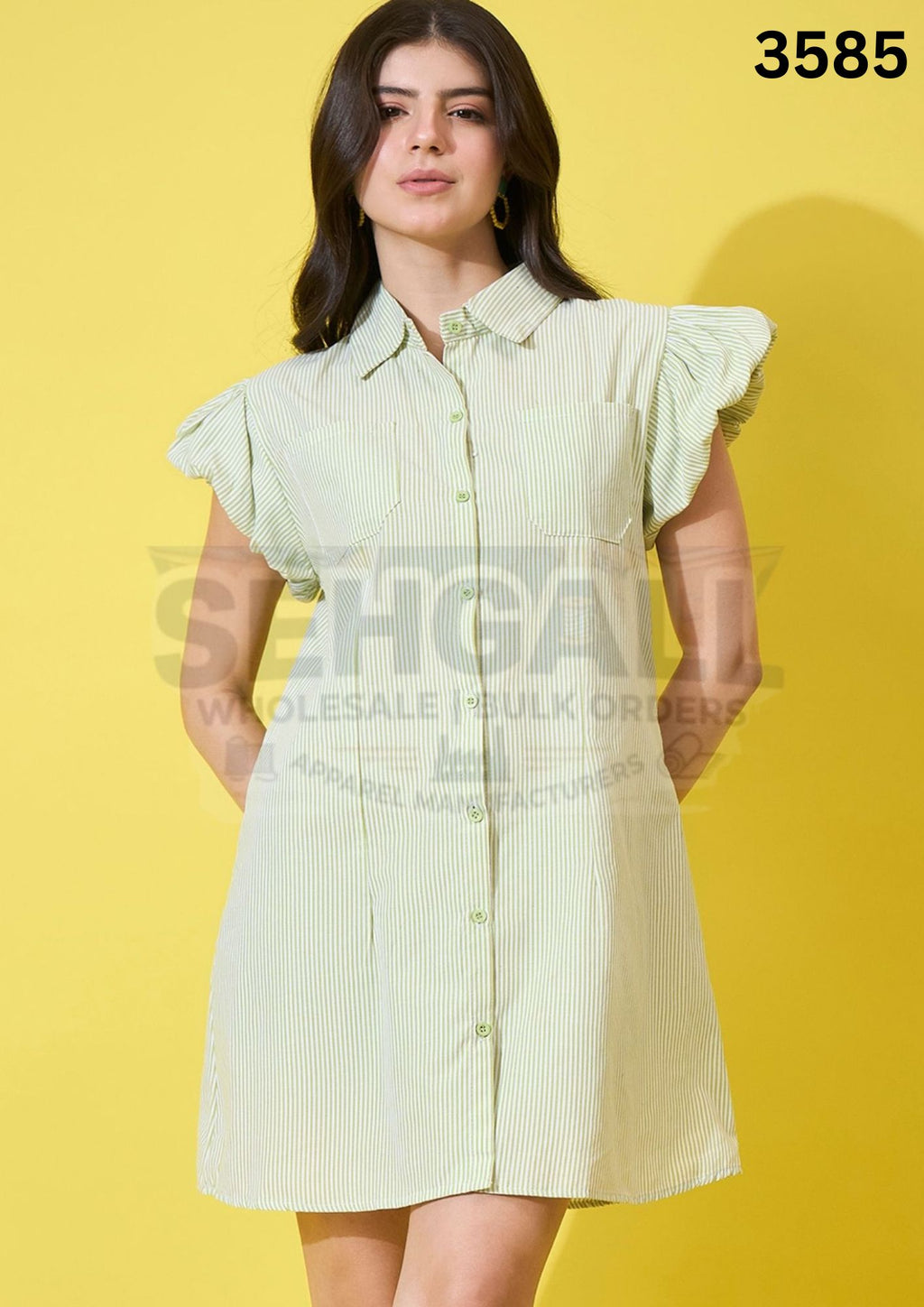 Striped Women A-Line Cotton Collar Dress-3585
