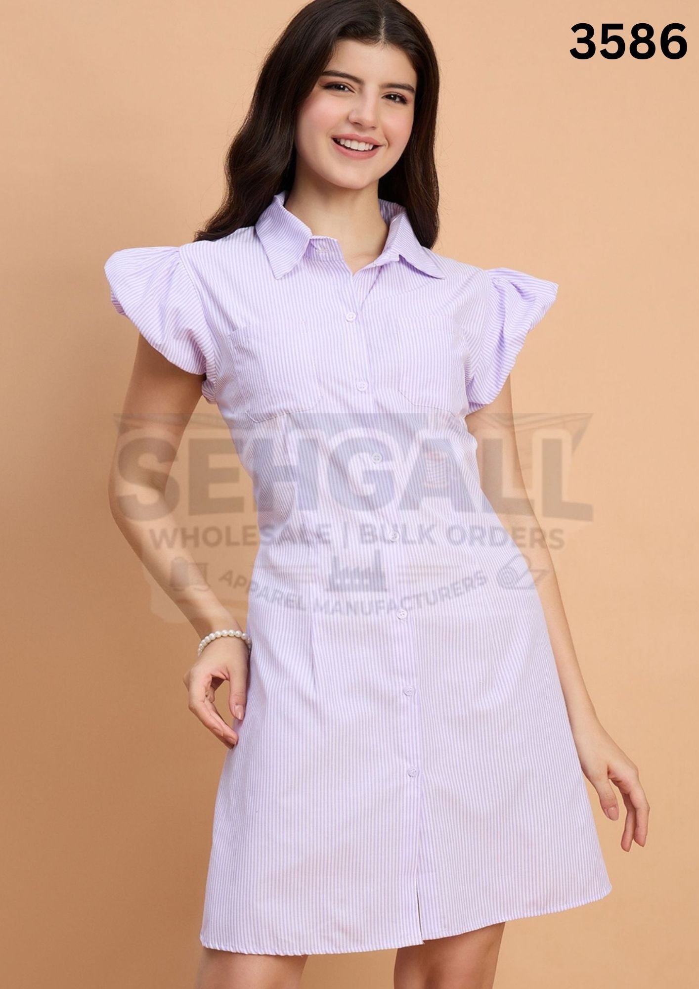 Striped Women A-Line Cotton Collar Dress-3586