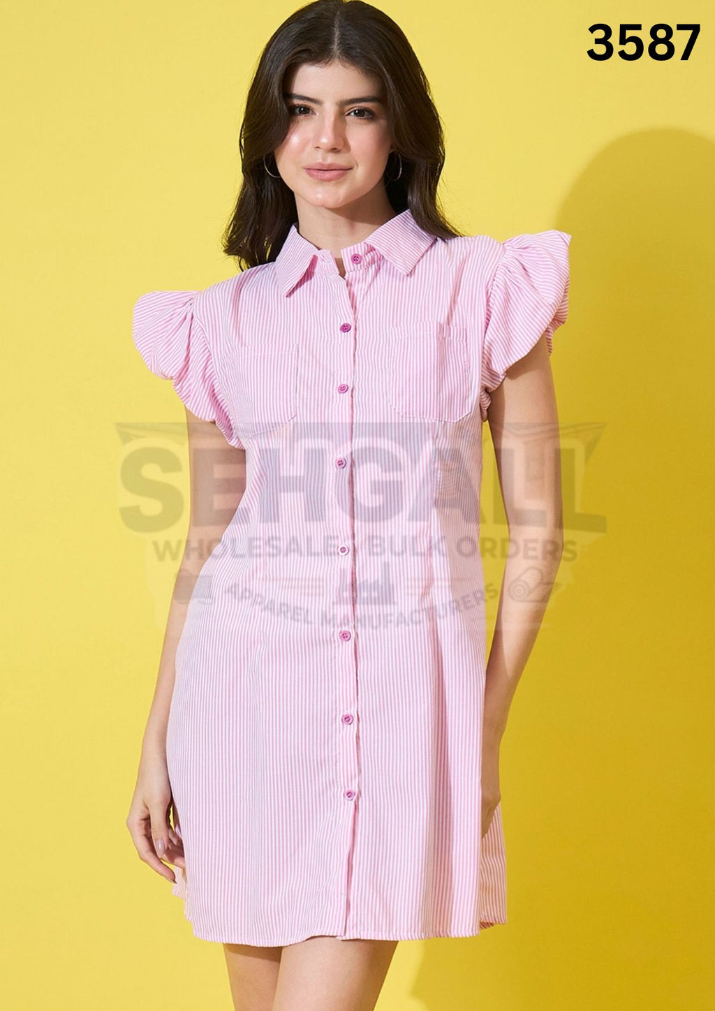 Striped Women A-Line Cotton Collar Dress-3587