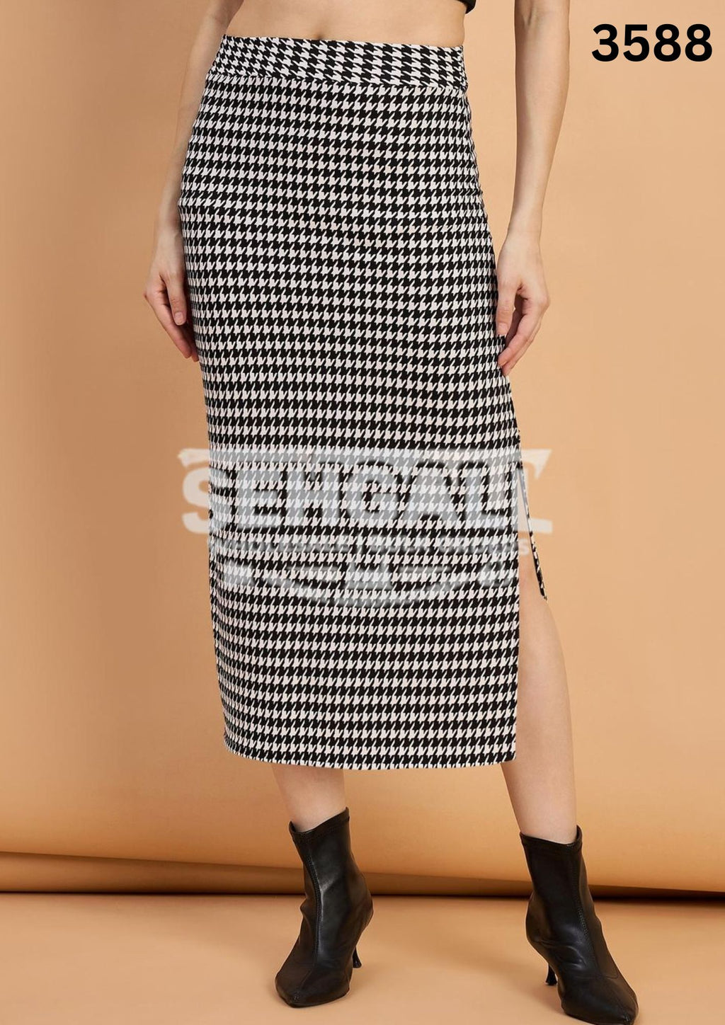 Women Houndstooth Midi Pencil Skirt with Side Slit-3588