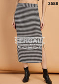 Women Houndstooth Midi Pencil Skirt with Side Slit-3588
