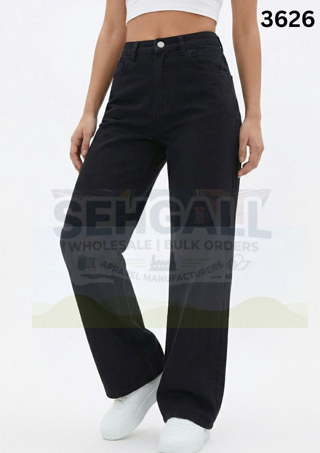 Black Casual Women's Wide Leg High Waist Denim Jeans-3626