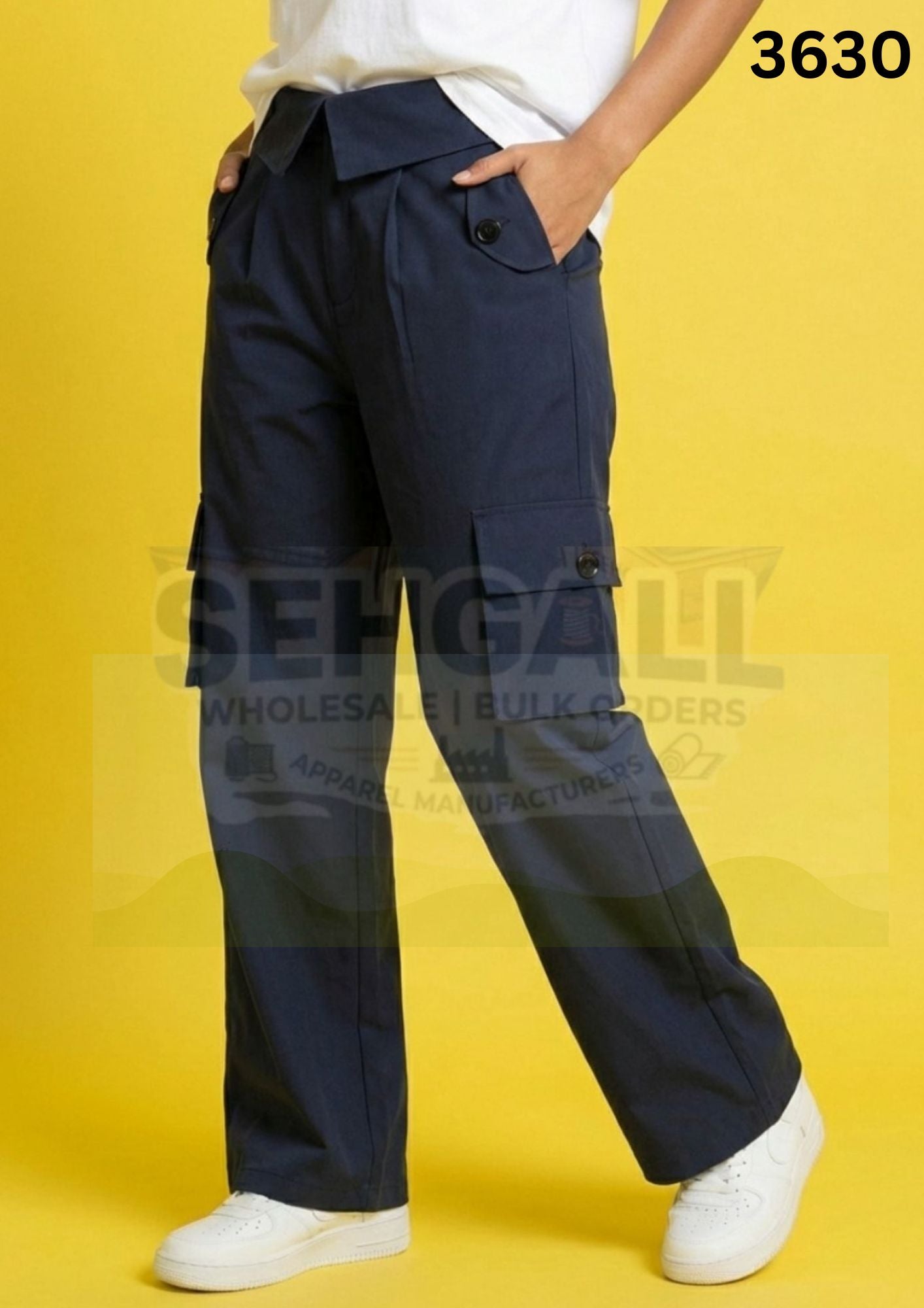 Women High Waist Cargo Pants with Collared Waistband-3630