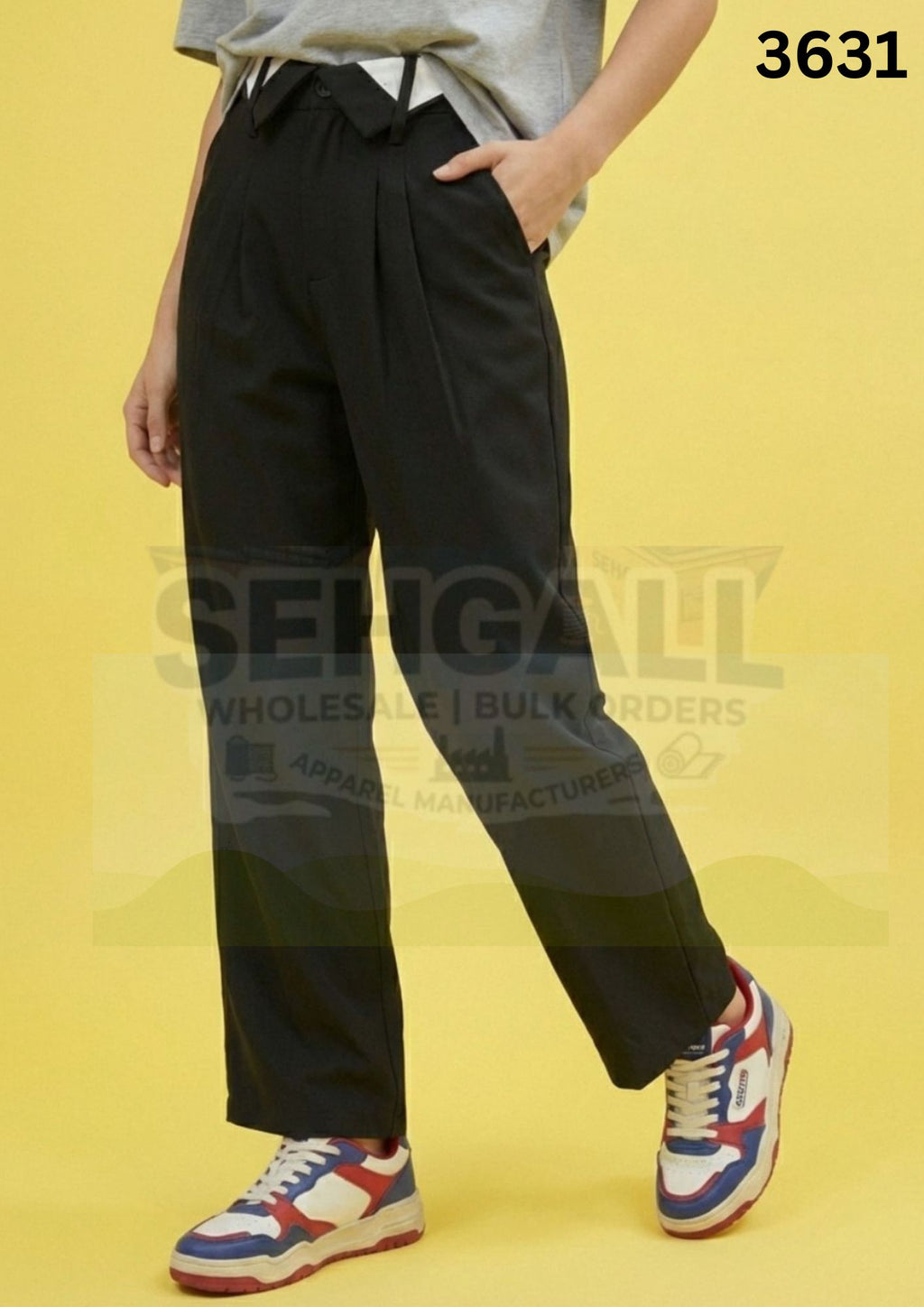 Women Trouser Pants with Contrast Collared Waistband Design-3631
