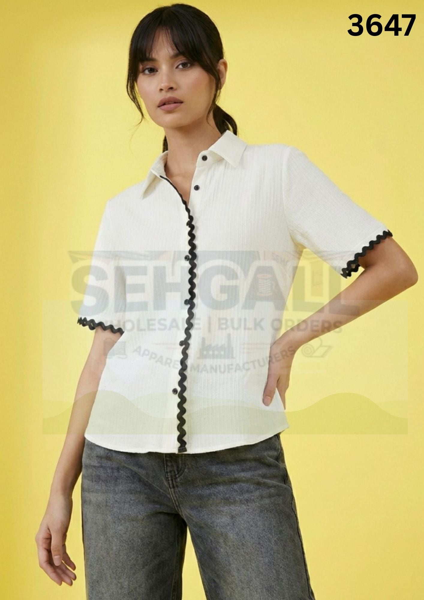 Women Cotton Blend Contrast Trim Short Sleeve Shirt-3647