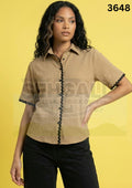 Women Cotton Blend Contrast Trim Short Sleeve Shirt-3648