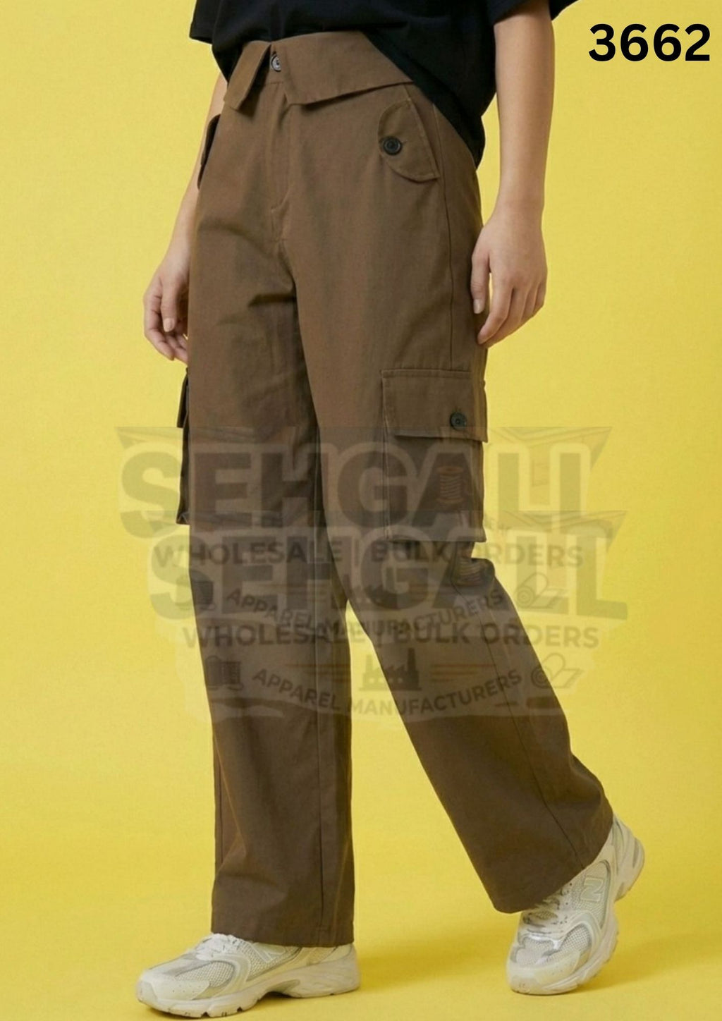 Women High Waist Cargo Pants with Collared Waistband-3662