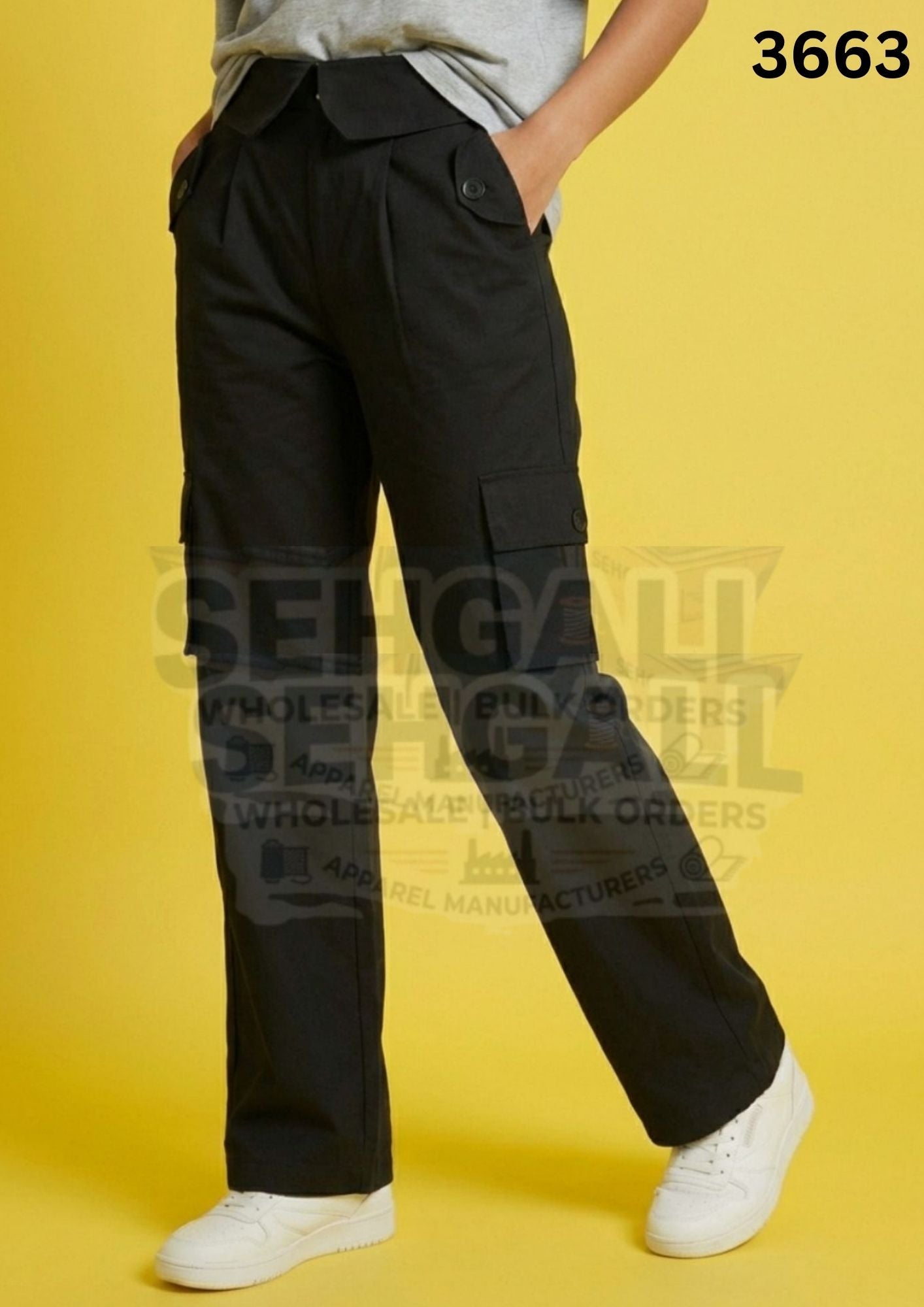 Women High Waist Cargo Pants with Collared Waistband-3663