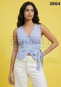 Women’s Blue Striped Wrap Top Sleeveless V Neck Tie Waist-3664