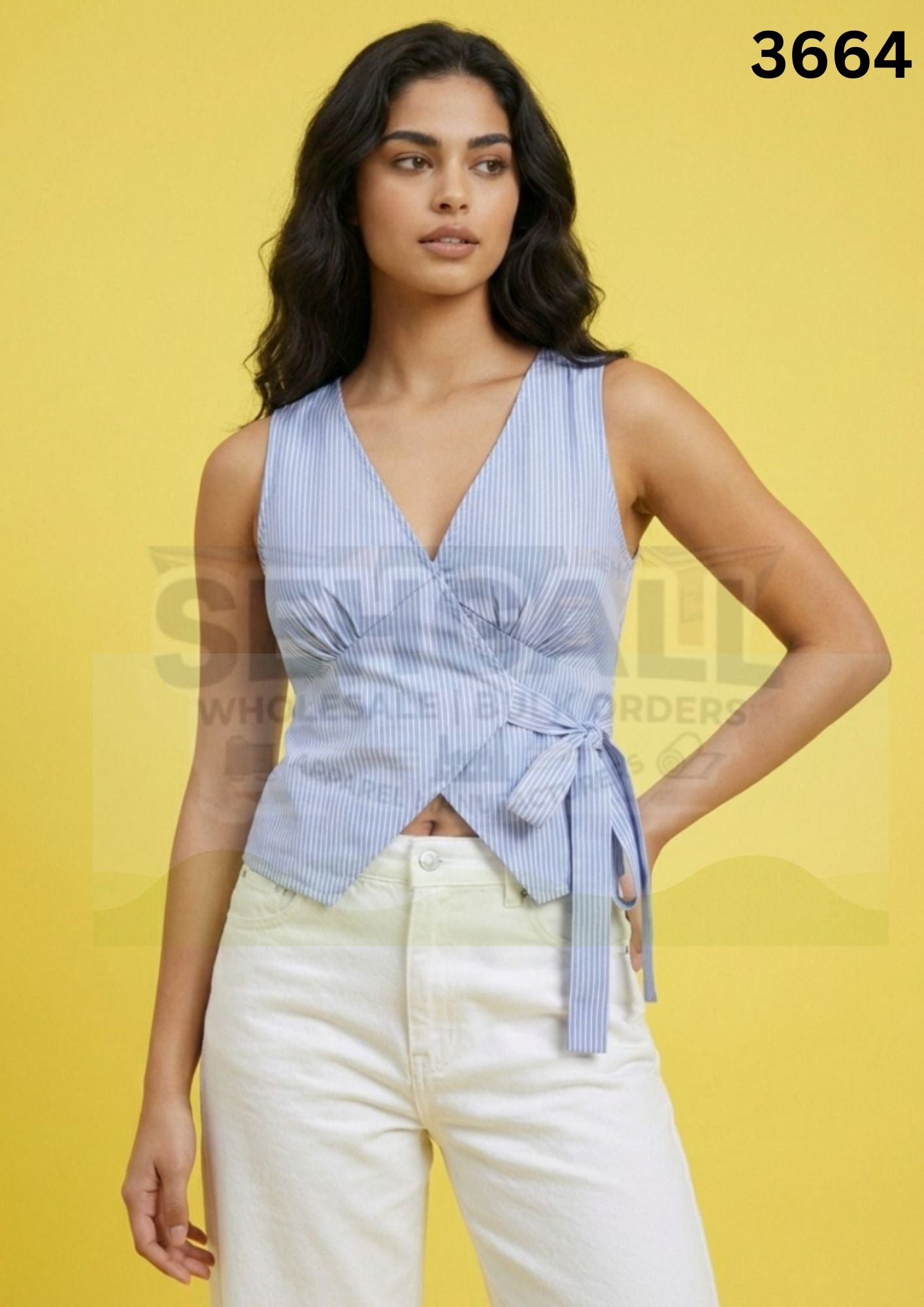Women’s Blue Striped Wrap Top Sleeveless V Neck Tie Waist-3664