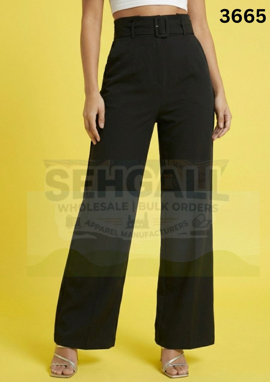 Women’s Black High Waist Wide Leg Belted Formal Trousers Pants-3665