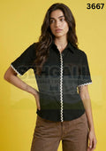 Women Cotton Blend Contrast Trim Short Sleeve Shirt-3667