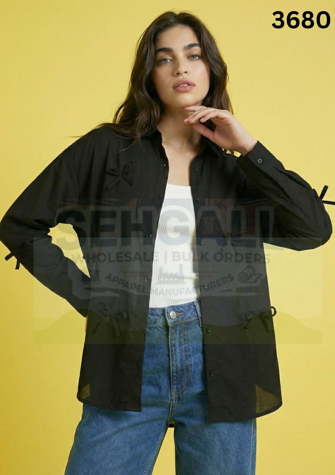 Georgette Bow Detail Oversized Fit Women Shirt-3670