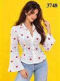 White Red Heart Print Button Down Shirt - 3748